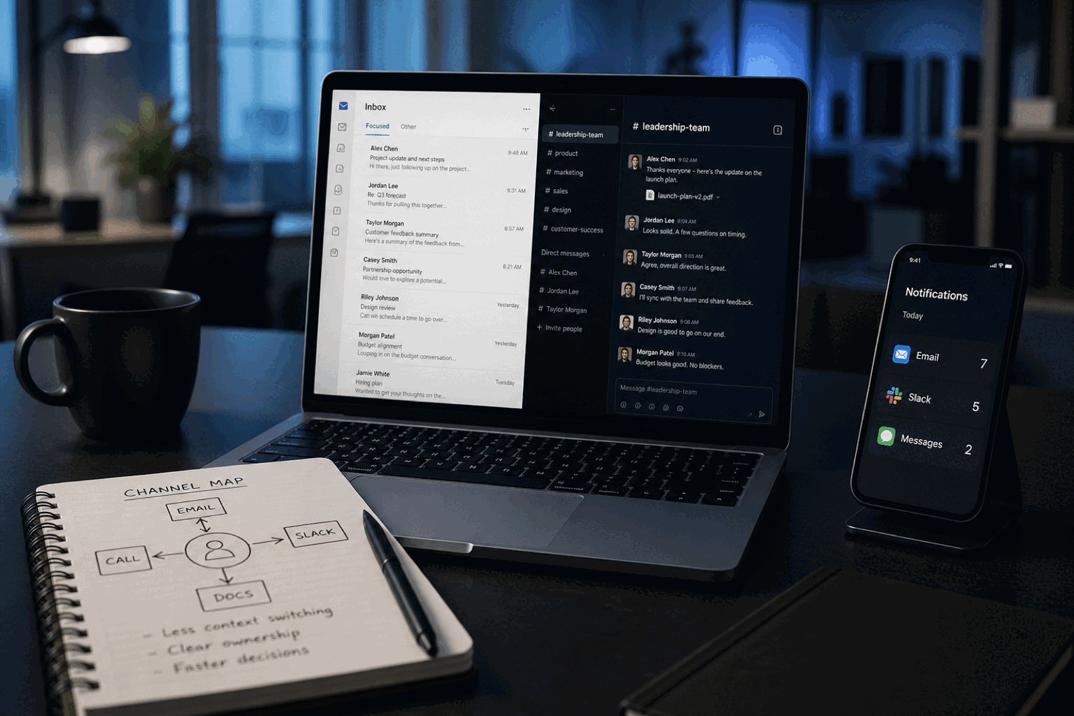 Founder workstation with laptop showing email and team chat side by side plus a phone notification summary