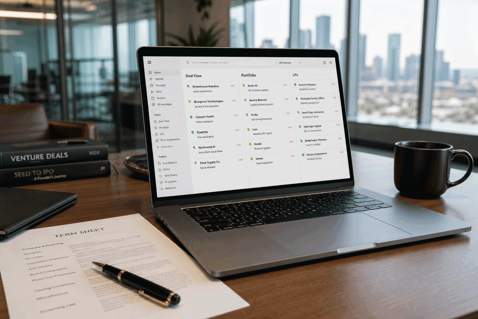 Venture capital partner desk with laptop showing deal flow, portfolio, and LP email triage